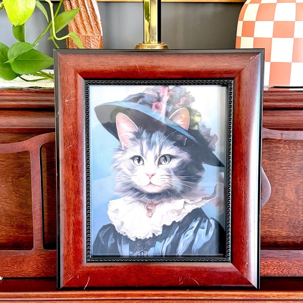 Victorian Feline Majesty Cat Vintage Style Floral Hat Canvas Art Print Framed